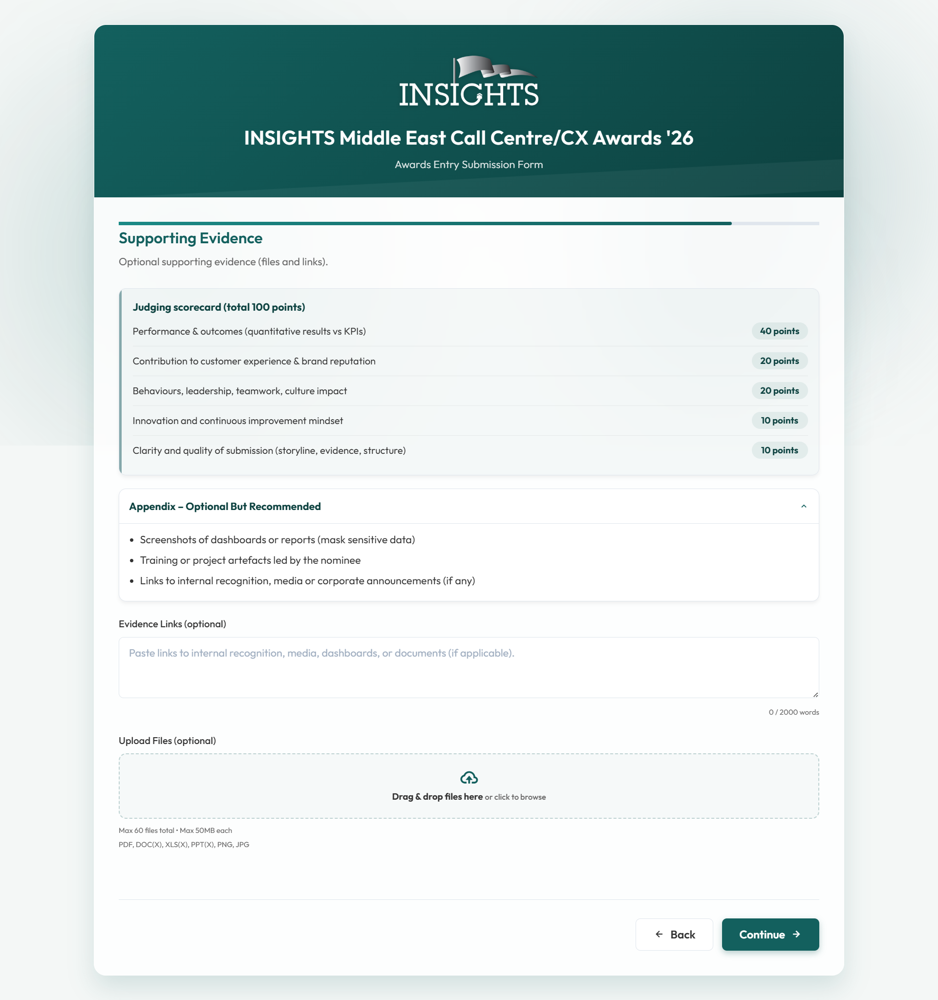 Individual Excellence supporting evidence page
